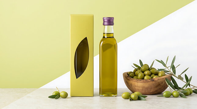 Bottle of extra virgin olive oil next to bowl of green olives and packaging