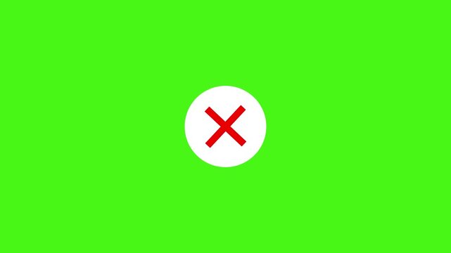 Animated red cross mark inside a white circle isolated on a bright green chroma key background, for easy compositing, and motion projects, and digital user interfaces