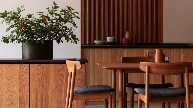 Modern dining area with wooden chairs  table  and potted plant against warm toned wood cabinetry