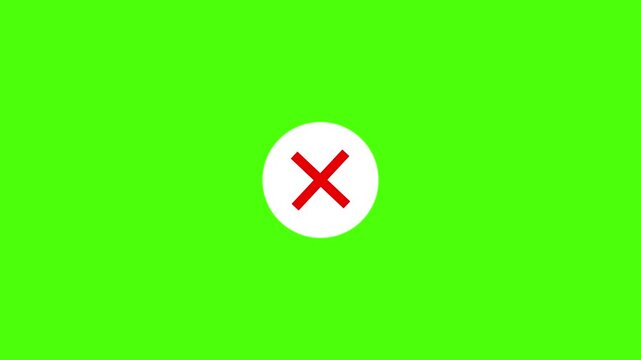 Animated red cross mark on green screen background, for easy chroma, key compositing, user, interface error notifications, denied access alerts, and interactive digital, media projects