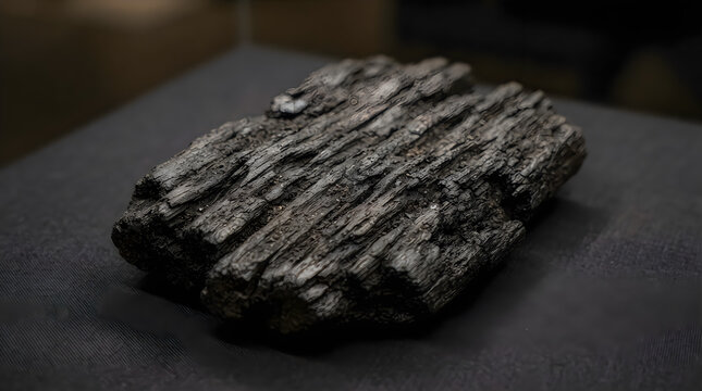 Close up detail of raw black coal chunk on dark surface with industrial resource combustion material formation bituminous sedimentary commodity industry