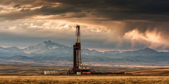 Industrial oil derrick drilling in vast steppe landscape under dramatic golden sunset sky with distant snowy mountains.