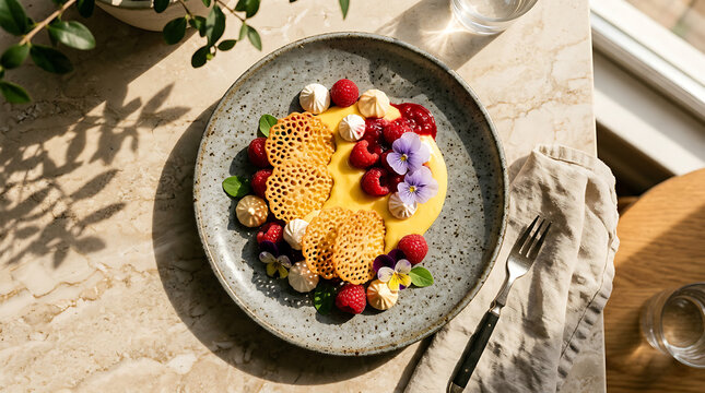 Artistic plated dessert with fresh berries meringue and honeycomb tuile