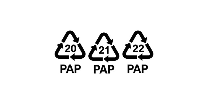 Recycling symbols for paper waste labeled 20 21 and 22 on transparent.