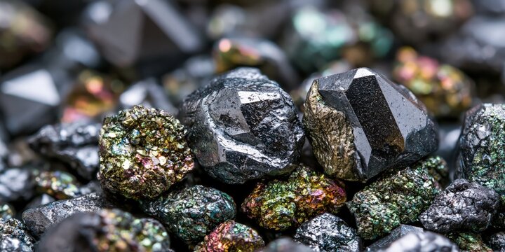 Detailed macro view of raw pyrite and marcasite crystals displaying iridescent metallic colors and rough geological textures.