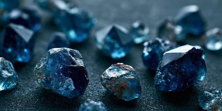 Raw blue gemstones scattered on a dark textured surface with dramatic lighting highlighting their crystalline structure.