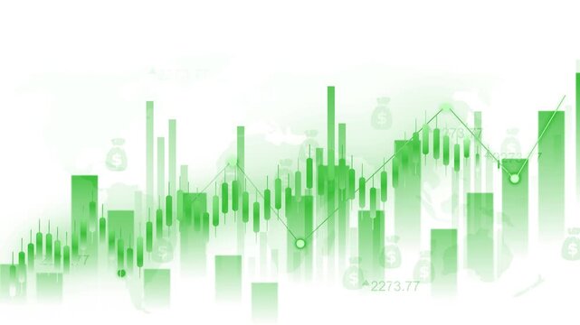 Financial chart with candlesticks and bar graph over a world map background animation