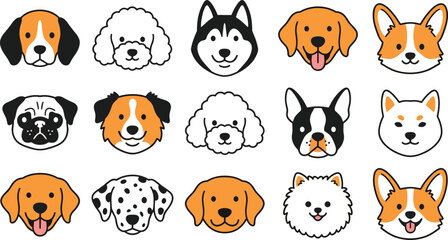 Obraz premium Cute Dog Breeds Avatar Set with Flat Vector Cartoon Puppy Faces, Canine Head Icons for Veterinary Clinics, Pet Shop Graphics, and Web Designs