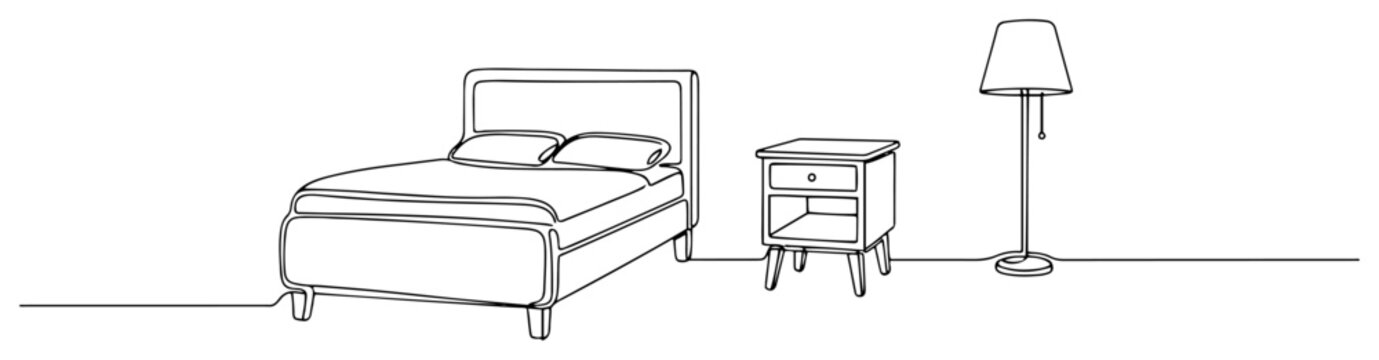 Modern bedroom furniture with bed nightstand and floor lamp in continuous line art style