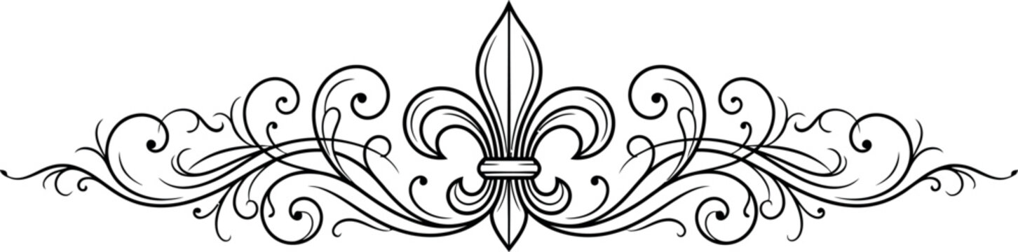 An elegant symmetrical black and white vector illustration featuring a classic fleur de lis motif centered amidst intricate flowing flourishes and ornate calligraphic scrollwork elements.