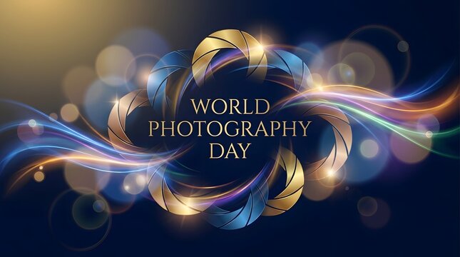 Abstract background design for world photography day with glowing light trails and artistic circular frame elements