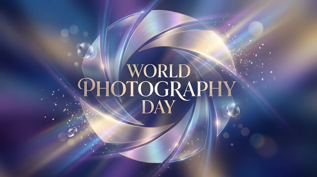Abstract background design for world photography day featuring a metallic camera lens shutter and glowing light effects