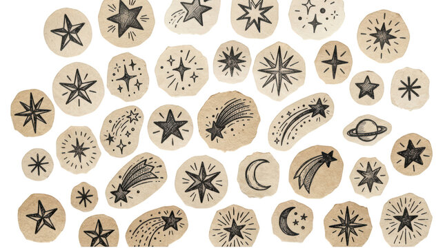 Set of handdrawn celestial elements including stars, comets, and moons on textured paper isolated on transparent background