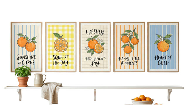 Set of five orangethemed kitchen wall art prints with motivational quotes isolated on transparent background
