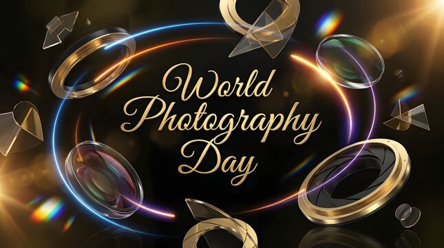 Elegant world photography day celebration graphic with golden camera lens elements and glowing light trails on black background
