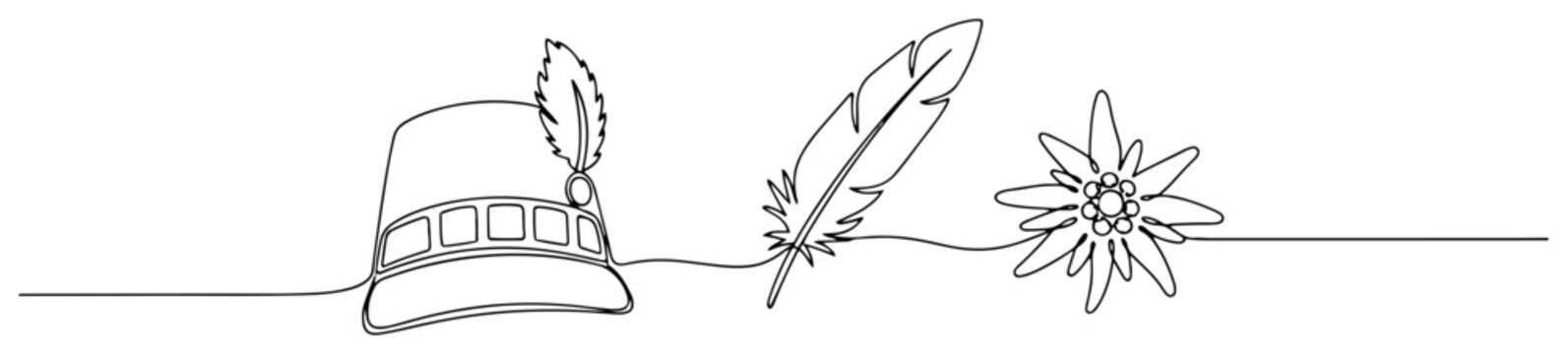 Tyrolean hat with feather and edelweiss flower in continuous line art style
