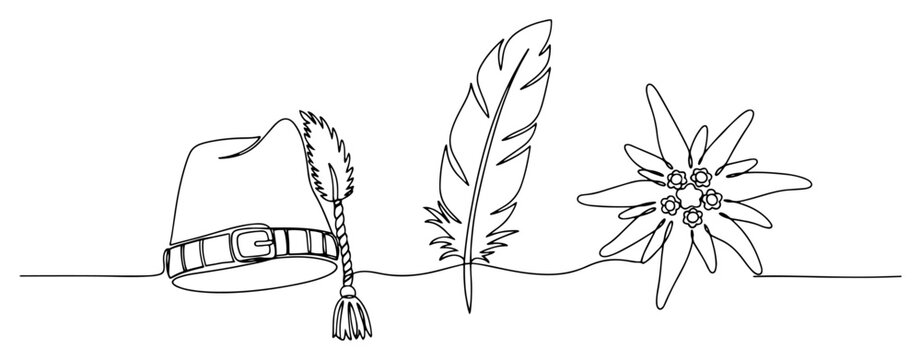Alpine mountain hat with feather and edelweiss in minimalist one line art