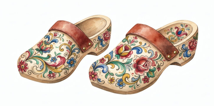 Vintage Floral Painted Wooden Clogs with Leather Strap Pair Isolated on White Background