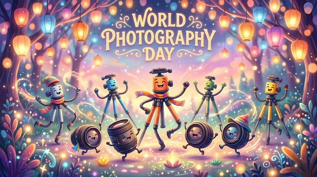 Whimsical illustration celebrating world photography day with anthropomorphic cameras dancing in a magical forest with glowing lanterns