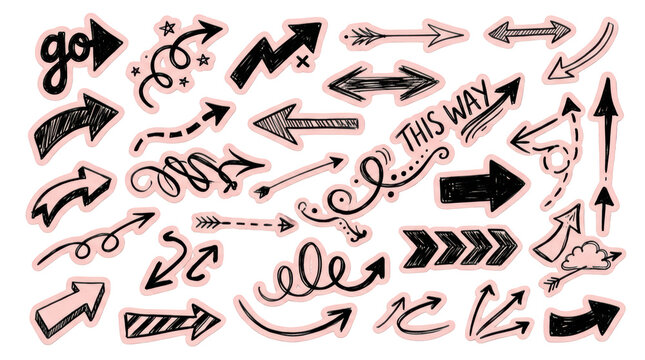 Set of handdrawn doodle arrows isolated on transparent background