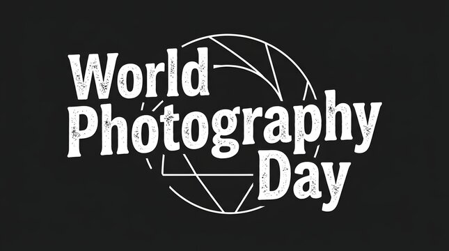 World photography day text design with a camera lens aperture icon on a dark background