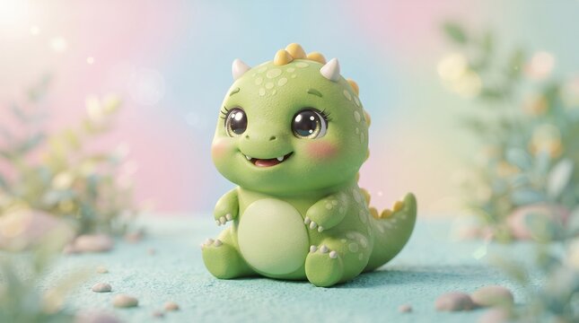 A cute, small green dragon figurine with spots, sitting on a textured surface, surrounded by soft green foliage, bokeh background, 3d character