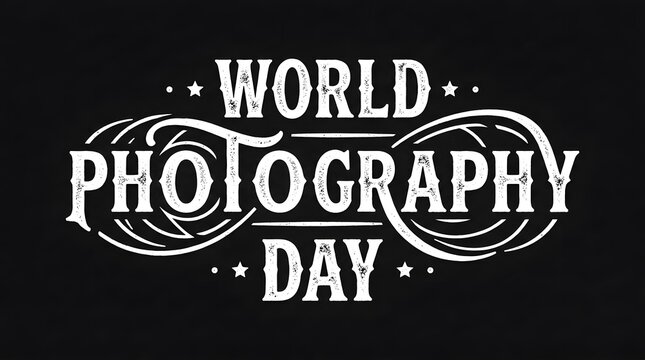 World photography day vintage style typography design with camera lens elements on a dark textured background