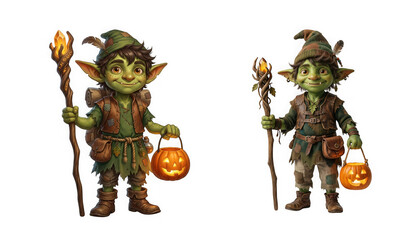 Obraz premium Two cute goblin characters holding staffs and pumpkin lanterns isolated on transparent background