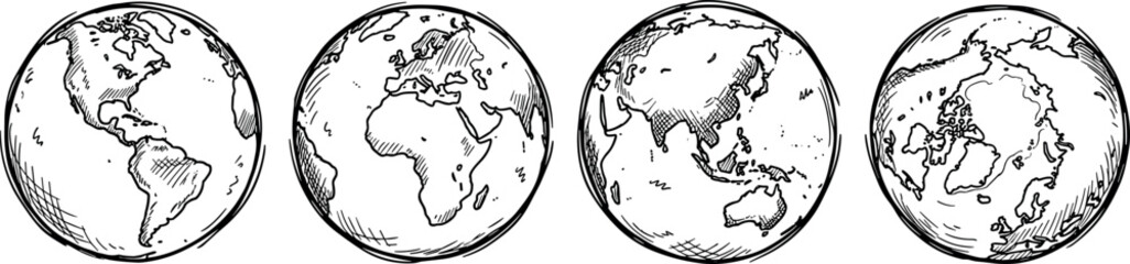 Hand Drawn Globe Vector Set Featuring Earth From Different Angles Showing America, Europe, Africa, Asia, Australia, and Arctic Continents Sketch Style © Jasmin