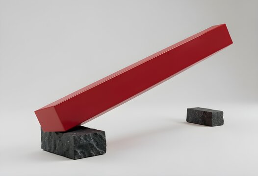 abstract red geometric sculpture on black stone bases