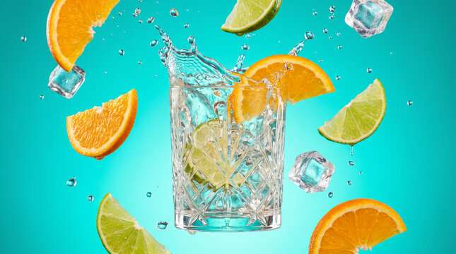 Vibrant crystal glass of iced citrus cocktail with explosive water splashes, flying orange and lime slices.
