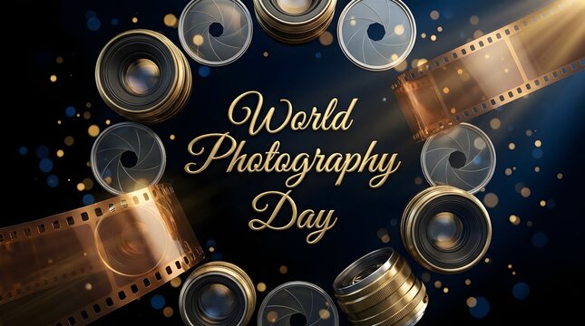 World photography day celebration background with vintage camera lenses and film strips arranged in a circular frame