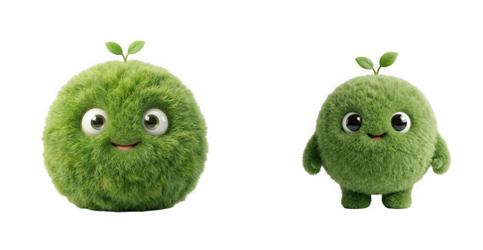 Cute fluffy green monster character with leaves on head isolated on transparent background