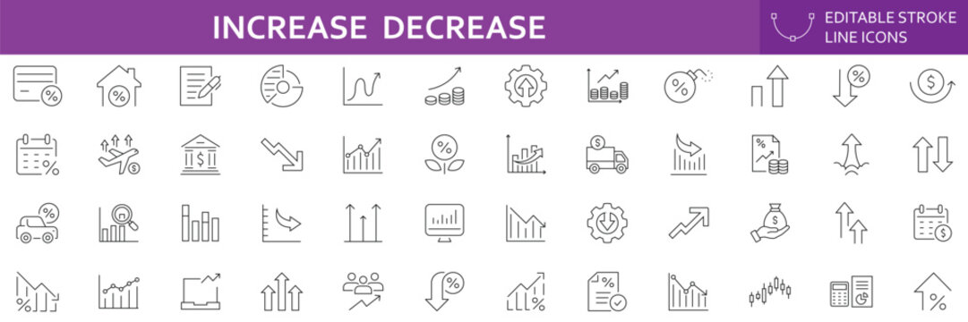 Increase and Decrease icon set. Containing Increase, decrease, graph, charts, market trends, launch, up, down, profit, loss, and others. Editable stroke. Vector illustration.