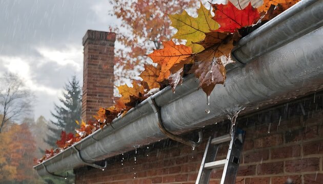 Clogged metal gutter overflowing with rain water and autumn maple leaves.
