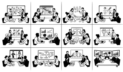 Obraz premium Business Planning Team Meeting Flat Vector Illustration Collection with Strategy Discussion