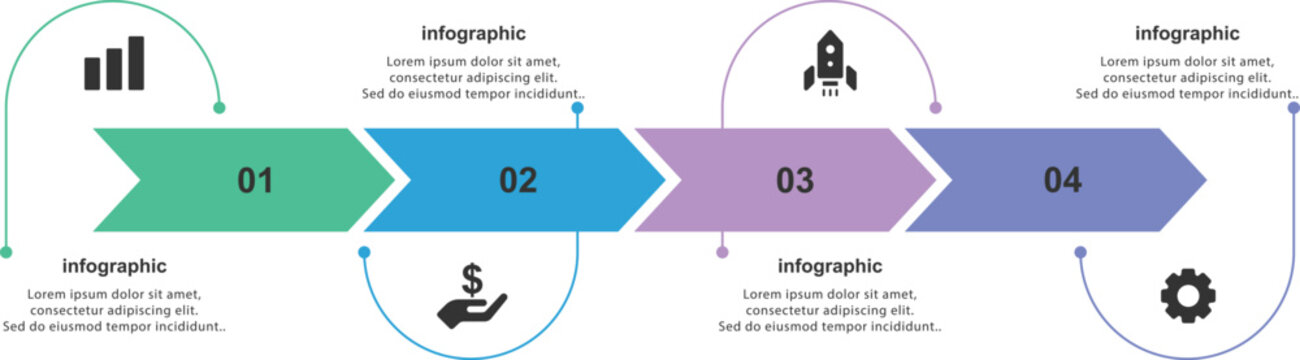 4 steps infographic design with arrows. Arrow process infographic with four steps and icons. Horizontal business timeline template for presentation slide, workflow, planning and data visualization
