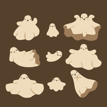 Set of cute Halloween ghost characters with different expressions and poses. Adorable spooky collection isolated on background. Flat vector illustration.