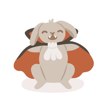 Cute bunny dressed as a vampire bat for Halloween. Adorable animal character with cape and fangs, smiling and isolated on background. Flat vector illustration.