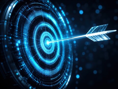 Precision Target Hit: A glowing neon blue arrow pierces the bullseye of a futuristic digital target, symbolizing accuracy, success, and strategic planning in a high-tech environment.
