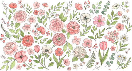 Elegant watercolor floral vector collection featuring pink roses tulips anemones green eucalyptus leaves and wild botanical elements isolated on white background © Md. Ashik Hossain