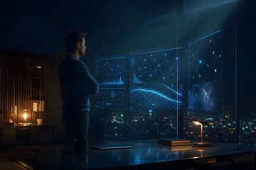Obraz premium Businessman Analyzing Digital Data Interface in Futuristic Office at Night