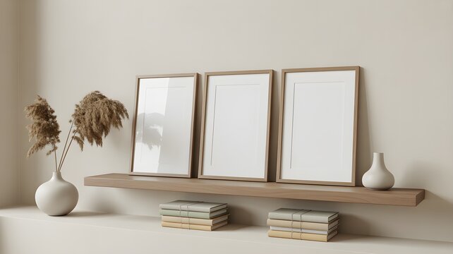 Three wooden picture frames mockup on a wooden shelf with books and a vase with dried pampas grass, minimalist interior wall decor
