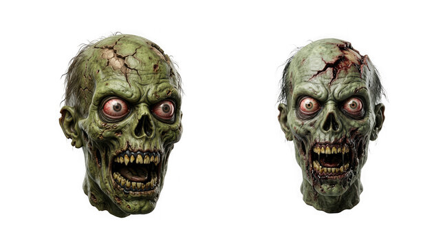 Two realistic detailed zombie heads with cracked skin and glowing red eyes isolated on transparent background