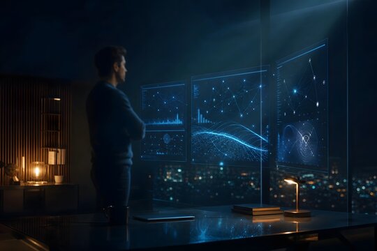 Businessman Analyzing Digital Data Interface in Futuristic Office at Night