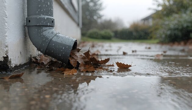 Rainwater flowing from gutter downspout during autumn rain with fallen leaves on concrete.