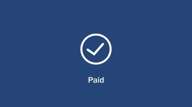 Minimalist paid status confirmation animation featuring a smooth loading spinner transitioning into a bold white checkmark on a clean dark blue background, for digital user interfaces