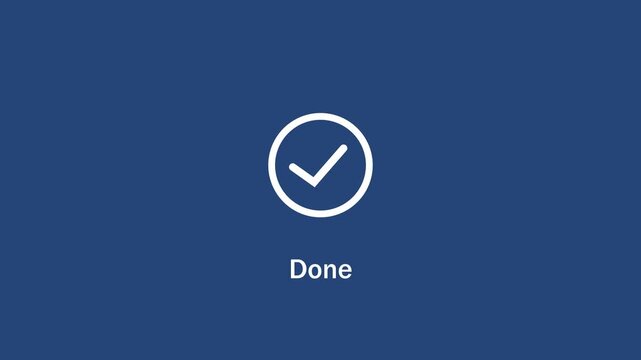 Minimalist loading spinner animation transitioning to a success checkmark with done text label on a solid deep blue background, for user interface, and digital application feedback