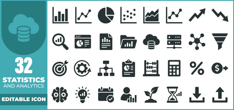 A comprehensive collection of black vector icons like  representing various business statistics data analysis financial reporting and digital marketing concepts for professional design projects