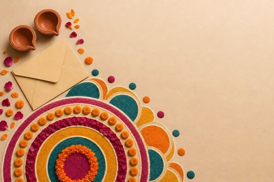 Colorful Rangoli Pattern and Diya Lamps with Greeting Card for Diwali Celebration